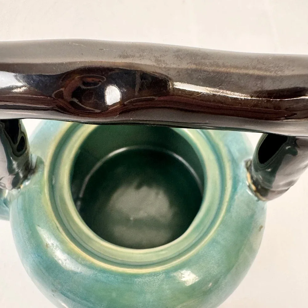 Ceramic Teapot Teal Branch Handle Mid Century Modern Rustic Decor